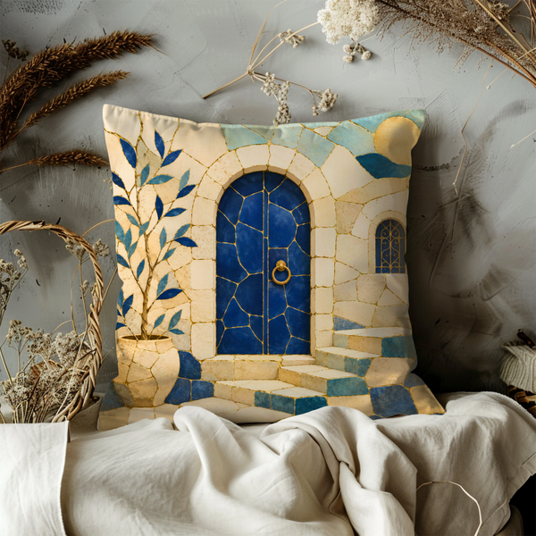 Safed Blue Door Pillow Cover – Mosaic Arch Art | Gold Crackle Decor