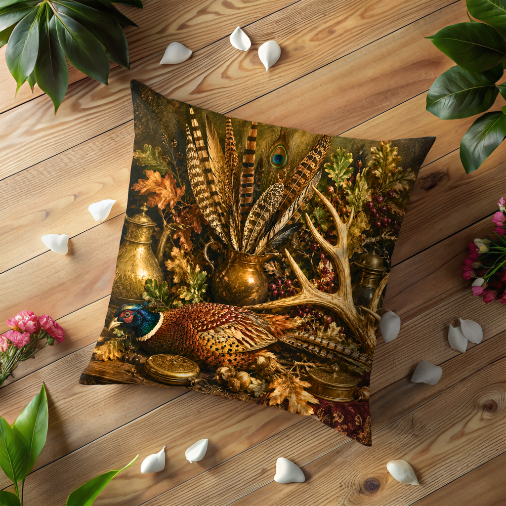 Hunting Trophy Still Life Pillow Cover | Pheasant Feather Antler Art | Classic Lodge Decor