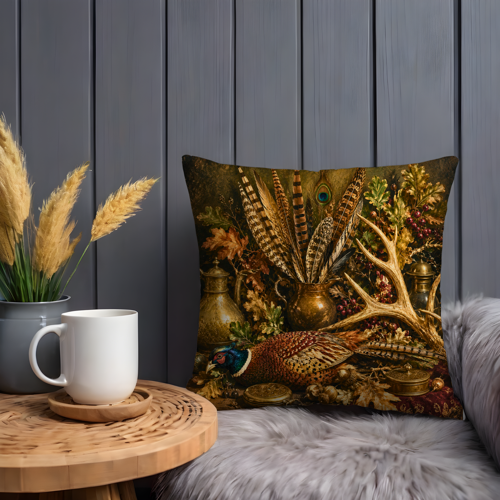 Hunting Trophy Still Life Pillow Cover | Pheasant Feather Antler Art | Classic Lodge Decor