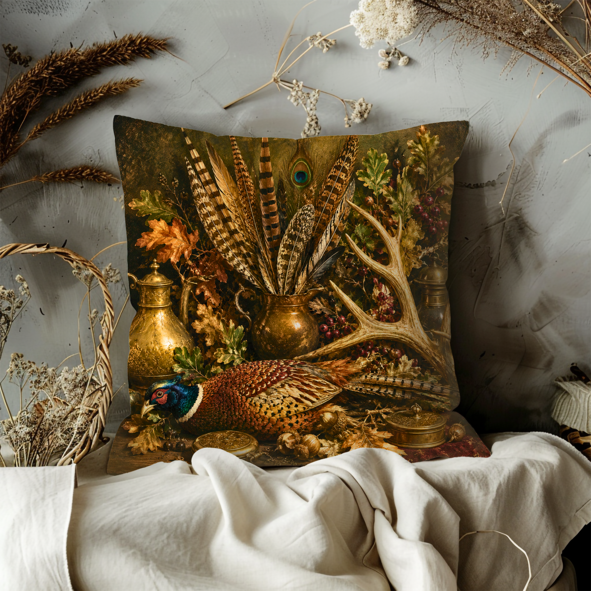 Hunting Trophy Still Life Pillow Cover | Pheasant Feather Antler Art | Classic Lodge Decor