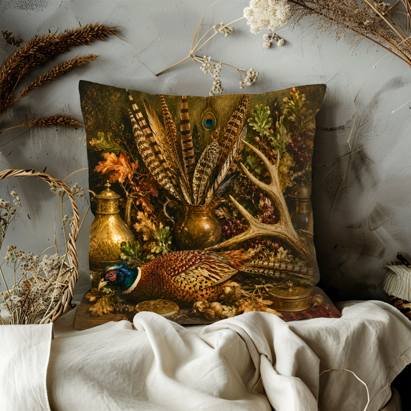 Hunting Trophy Still Life Pillow Cover – Pheasant Feather Antler Art | Classic Lodge Decor