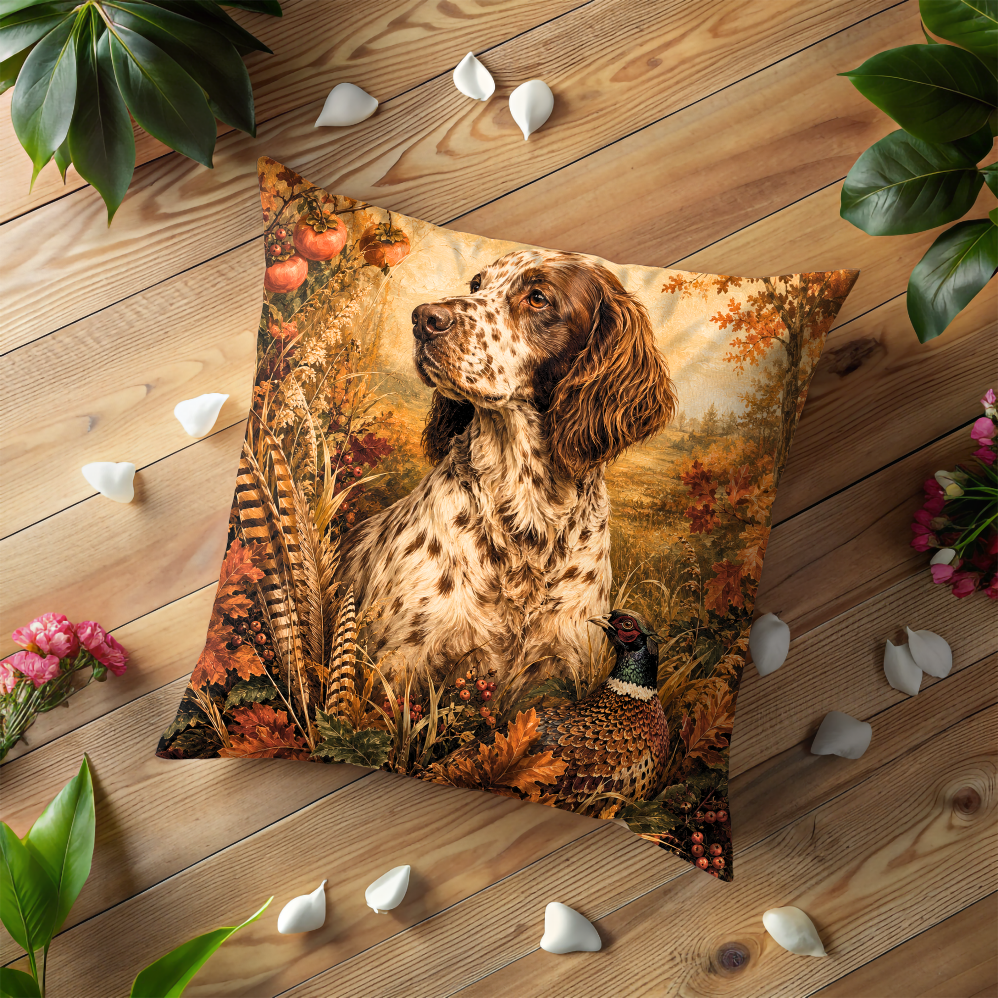 Springer Spaniel Pheasant Pillow Cover | Autumn Hunting Art | Realistic Wildlife Decor