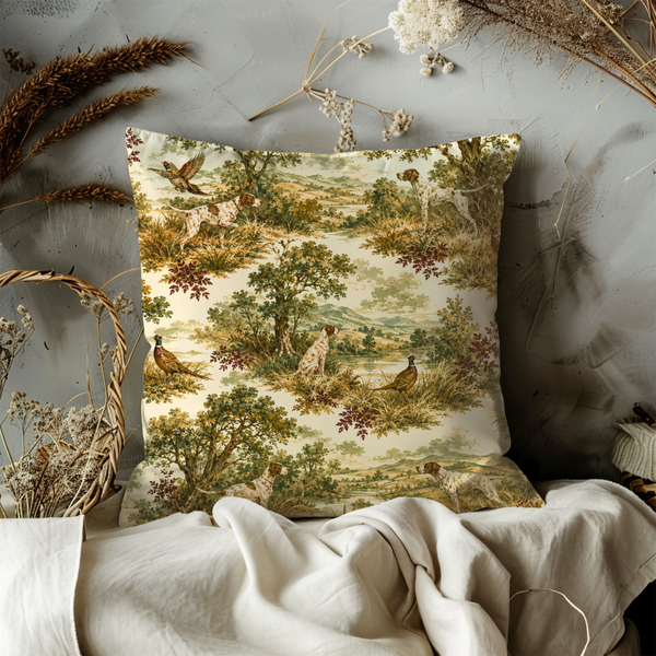 Pastoral Hunting Toile Pillow Cover – Pointer Pheasant Art | Classic Country Decor