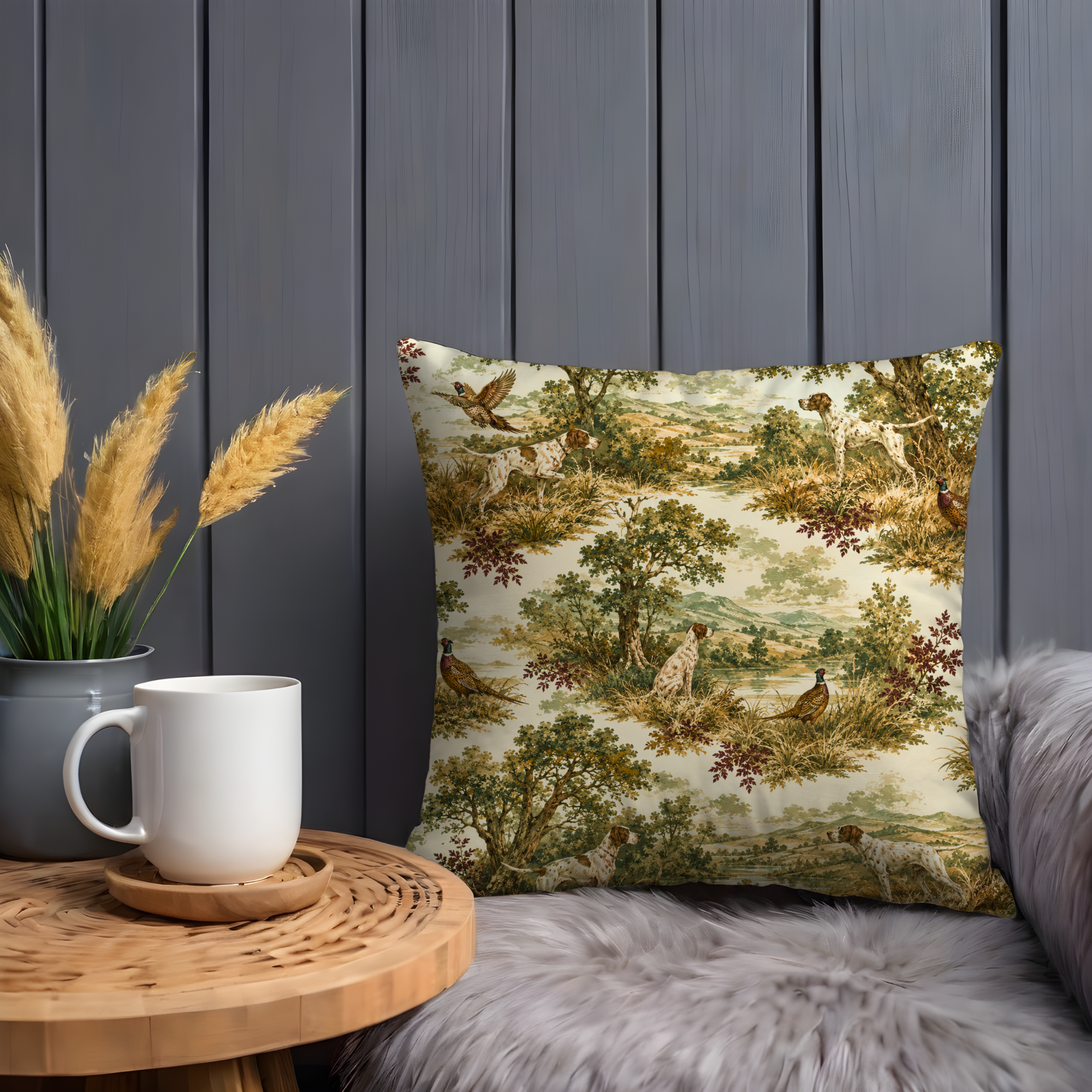 Pastoral Hunting Toile Pillow Cover | Pointer Pheasant Art | Classic Country Decor