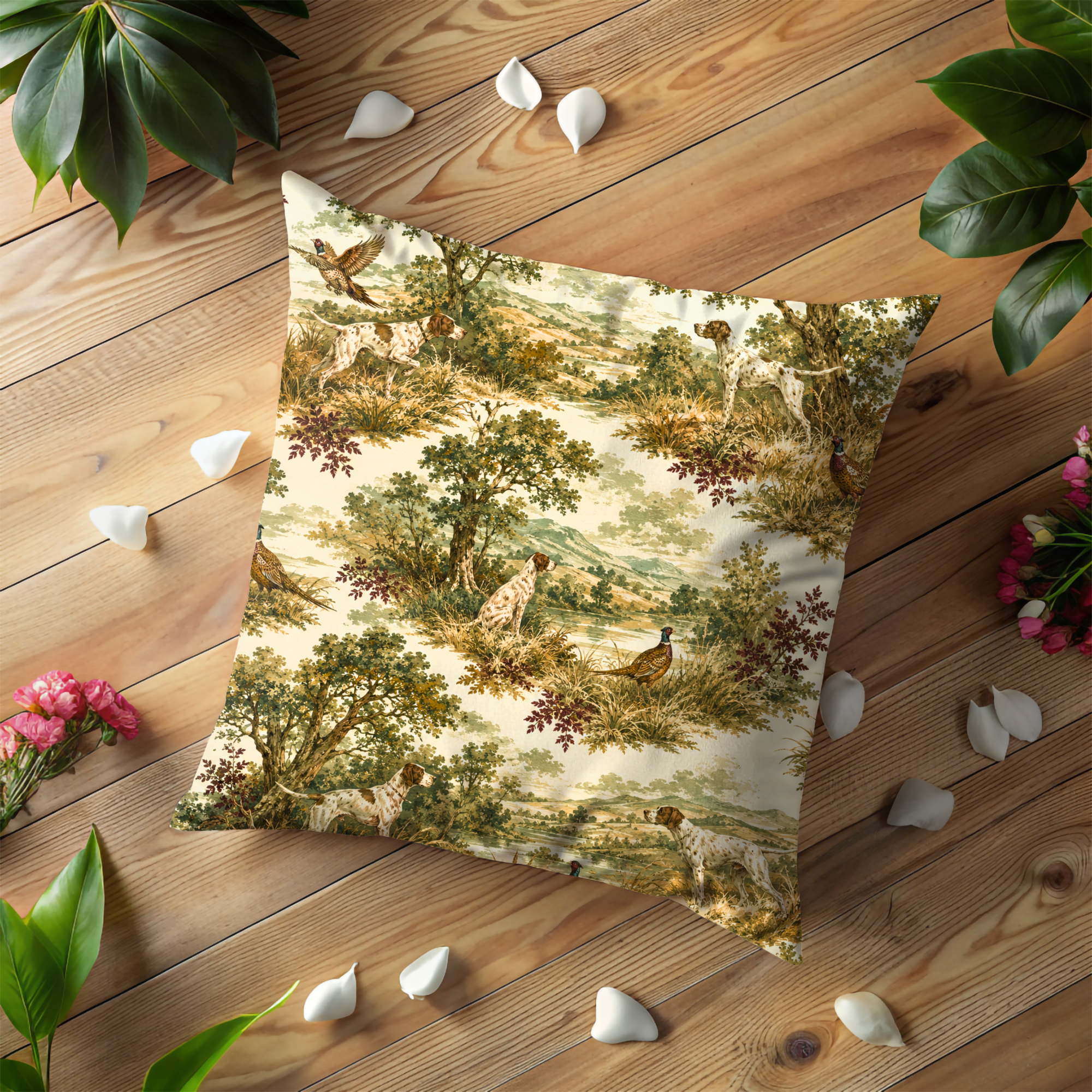 Pastoral Hunting Toile Pillow Cover | Pointer Pheasant Art | Classic Country Decor
