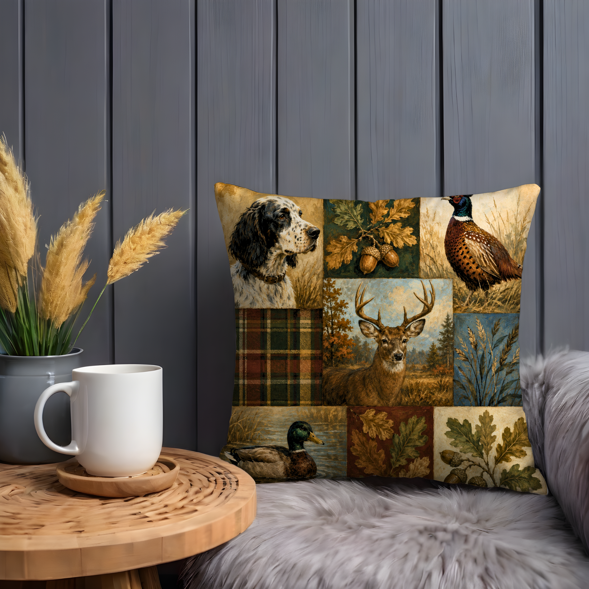 British Hunting Patchwork Print Pillow Cover | Countryside Collage Art | Heritage Lodge Decor