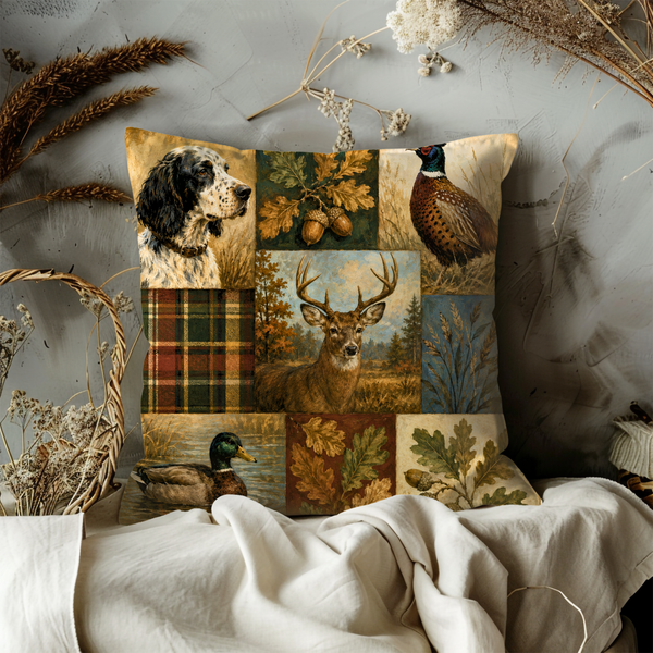British Hunting Patchwork Print Pillow Cover – Countryside Collage Art | Heritage Lodge Decor