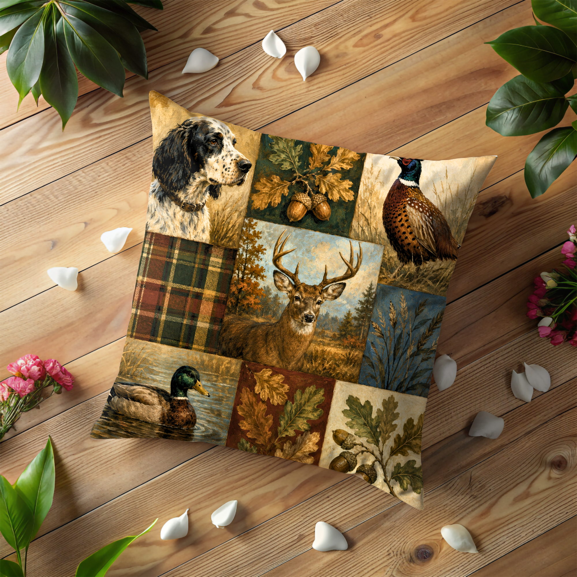 British Hunting Patchwork Print Pillow Cover | Countryside Collage Art | Heritage Lodge Decor