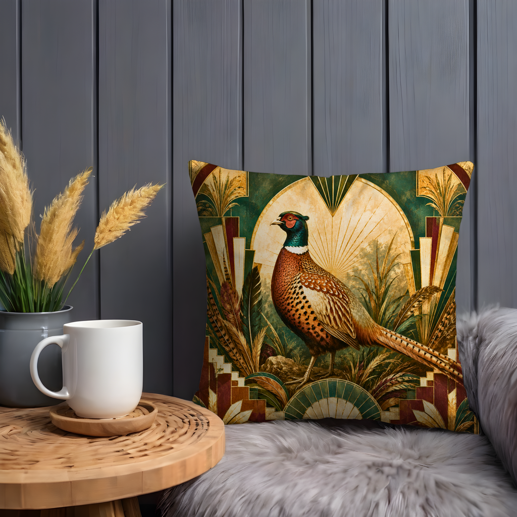 Art Deco Pheasant Pillow Cover | Luxury Decorative Art | Stylized Wildlife Decor