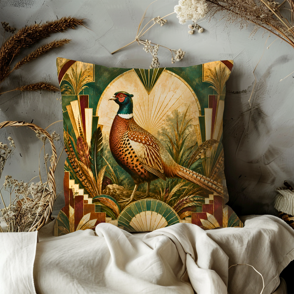 Art Deco Pheasant Pillow Cover – Luxury Decorative Art | Stylized Wildlife Decor