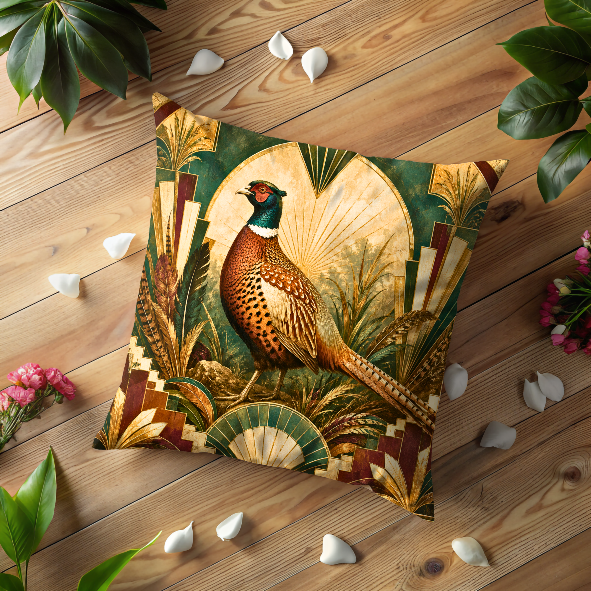 Art Deco Pheasant Pillow Cover | Luxury Decorative Art | Stylized Wildlife Decor