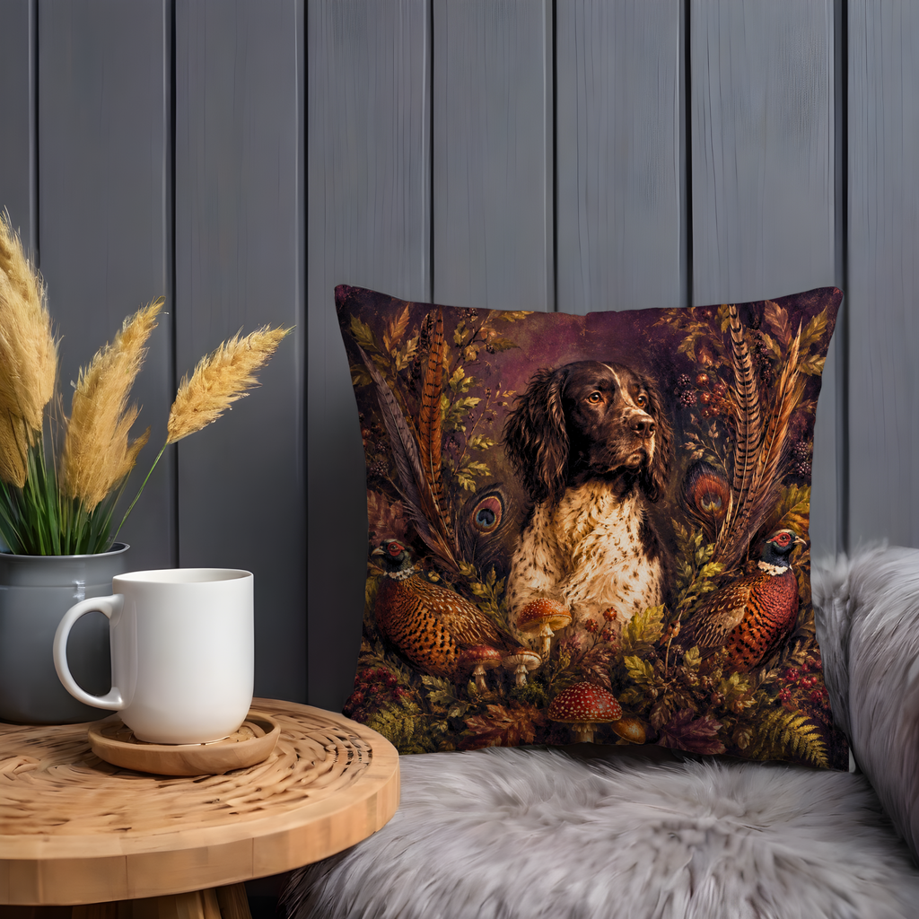 Springer Spaniel Pheasant Pillow Cover | Dark Forest Wildlife Art | Moody Sporting Decor