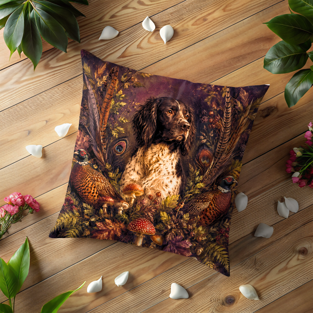 Springer Spaniel Pheasant Pillow Cover | Dark Forest Wildlife Art | Moody Sporting Decor