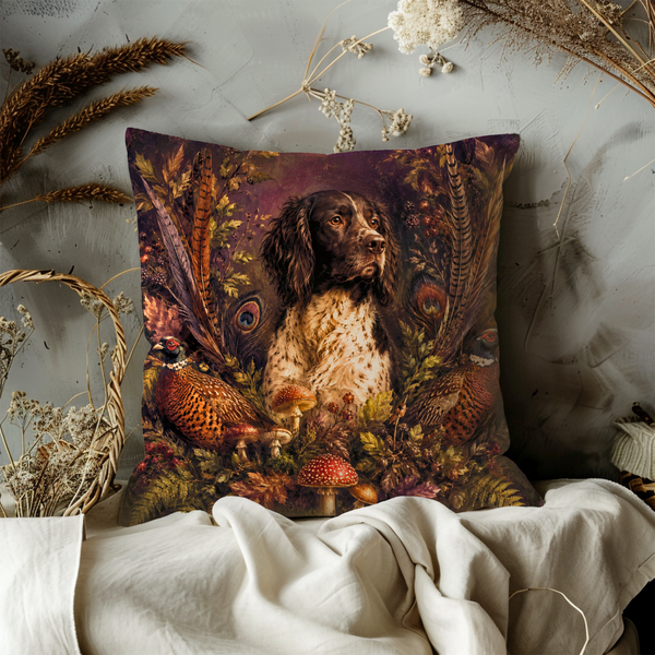 Springer Spaniel Pheasant Pillow Cover – Dark Forest Wildlife Art | Moody Sporting Decor