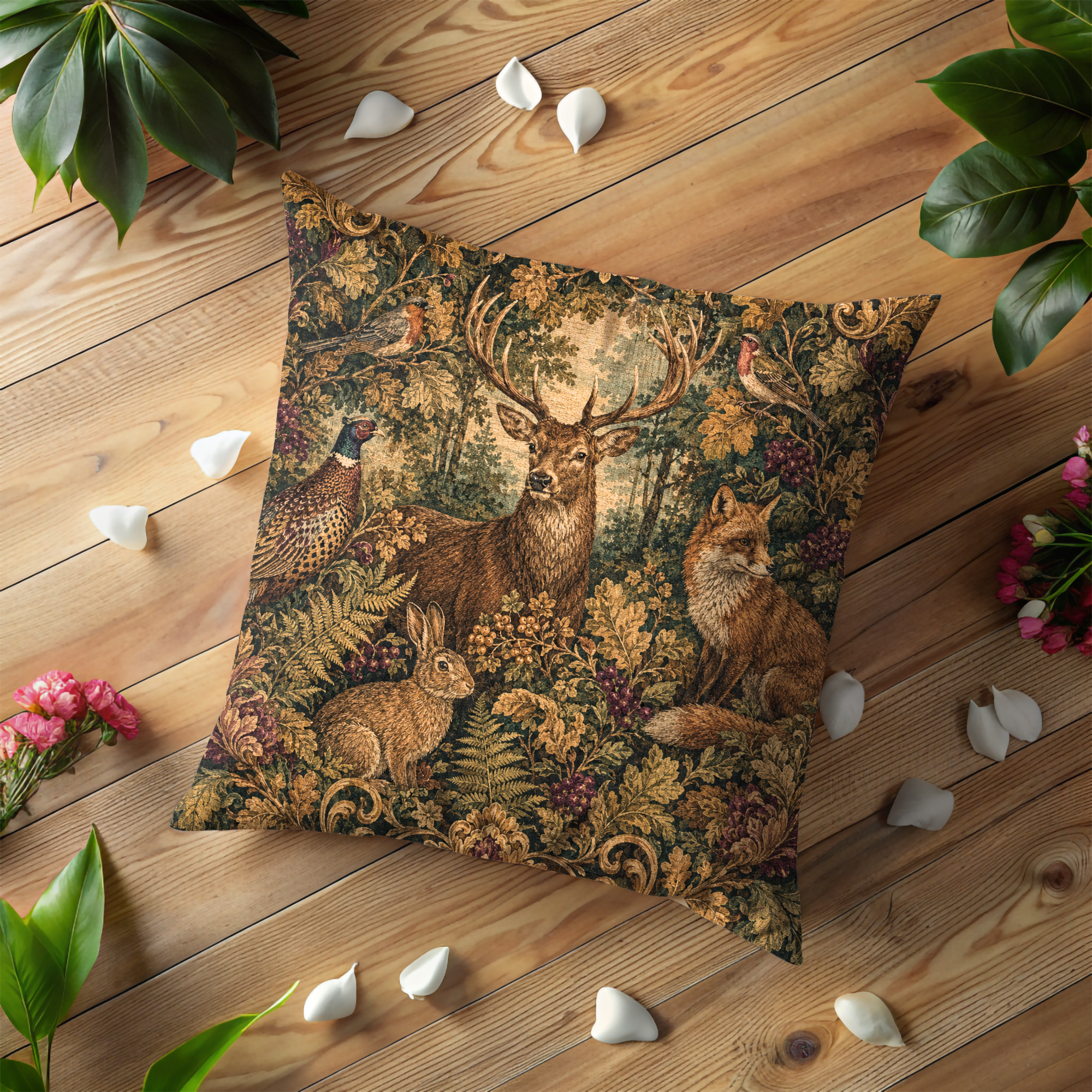 Forest Tapestry Stag Pillow Cover | Woodland Animals Art | Decorative Wildlife Decor