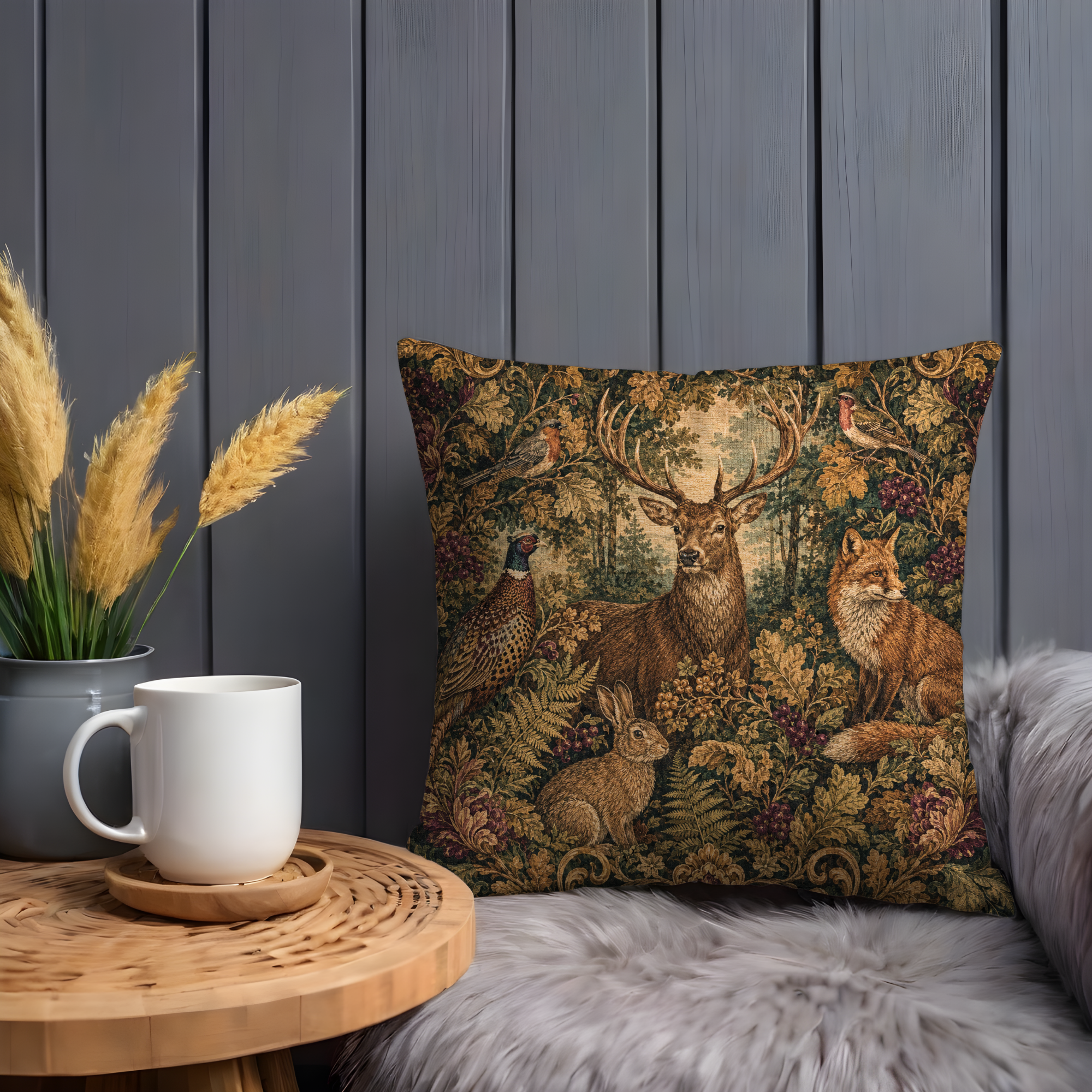 Forest Tapestry Stag Pillow Cover | Woodland Animals Art | Decorative Wildlife Decor