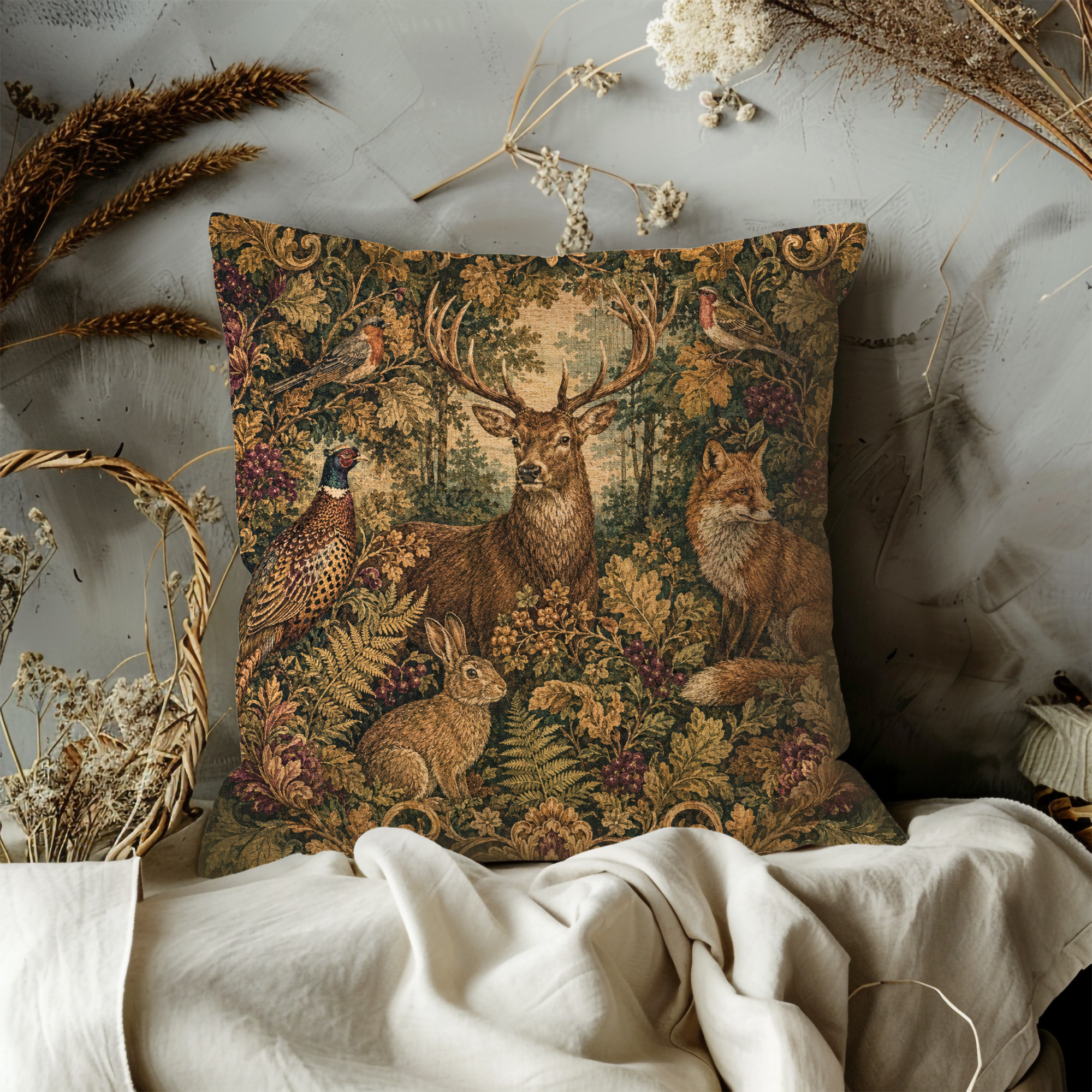 Forest Tapestry Stag Pillow Cover | Woodland Animals Art | Decorative Wildlife Decor