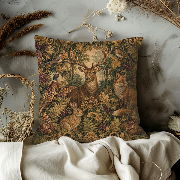 Forest Tapestry Stag Pillow Cover – Woodland Animals Art | Decorative Wildlife Decor