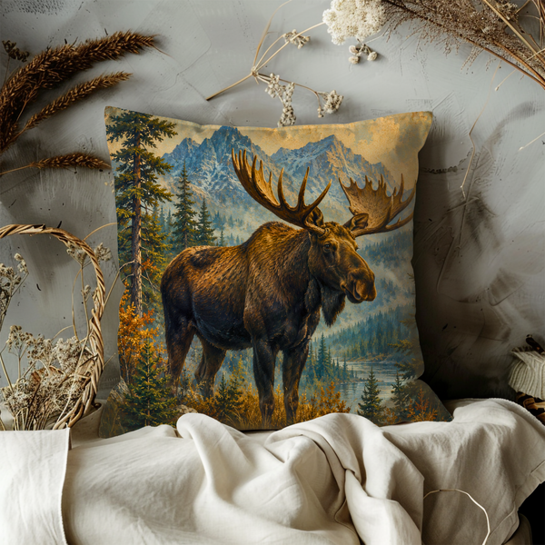 Majestic Moose Mountain Pillow Cover – Wildlife Wilderness Art | Rustic Nature Decor