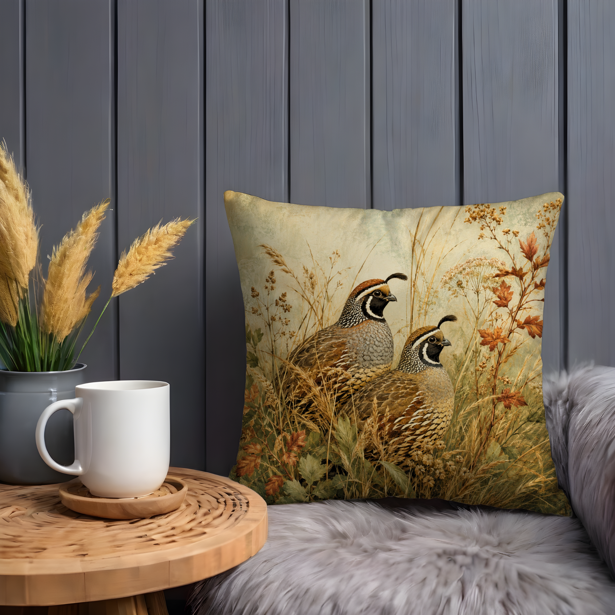 Quail Pair Pillow Cover | Vintage Wildlife Art | Countryside Bird Decor