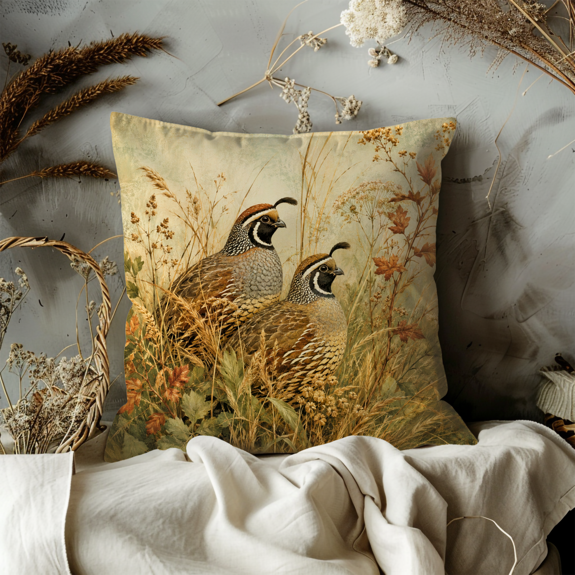 Quail Pair Pillow Cover | Vintage Wildlife Art | Countryside Bird Decor