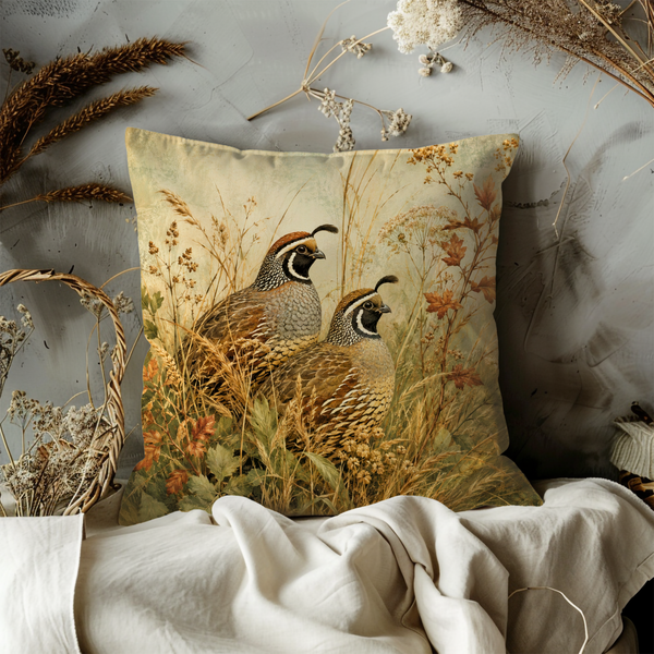 Quail Pair Pillow Cover – Vintage Wildlife Art | Countryside Bird Decor