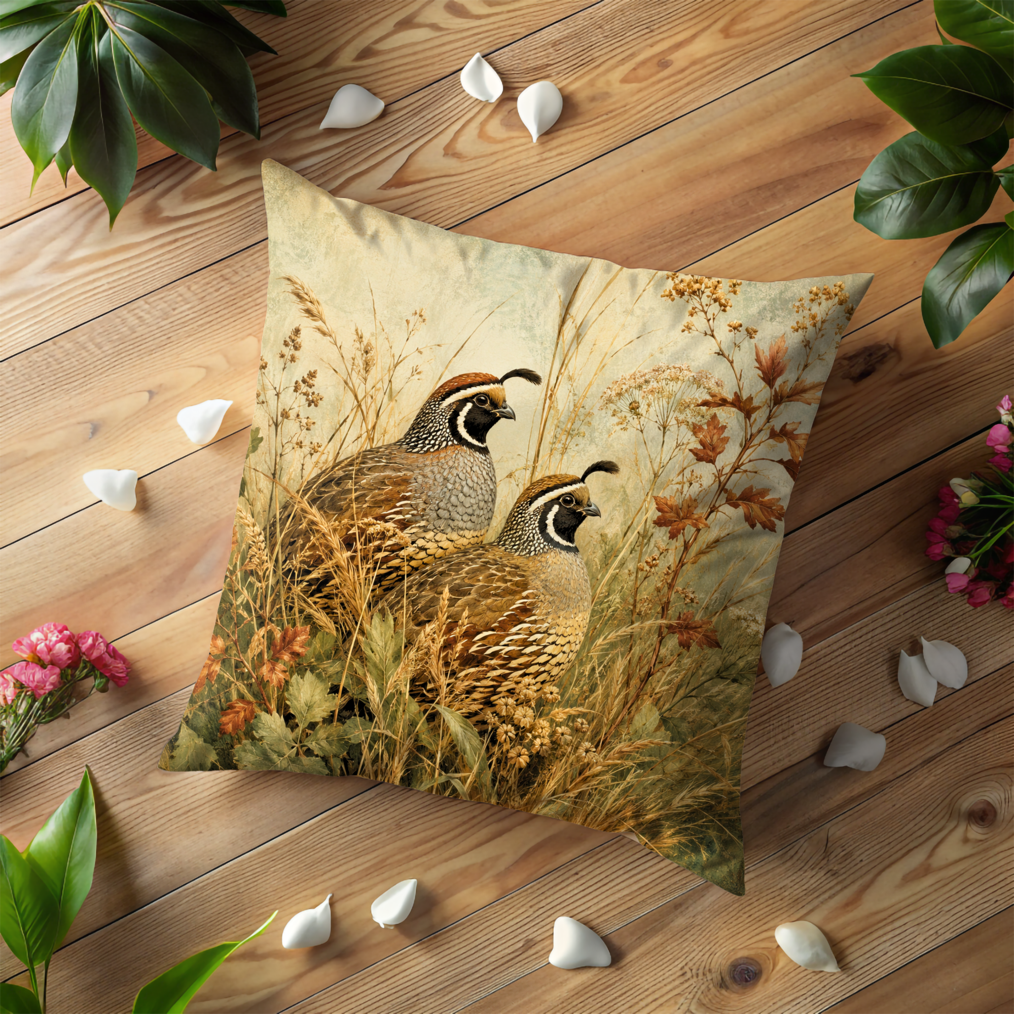 Quail Pair Pillow Cover | Vintage Wildlife Art | Countryside Bird Decor
