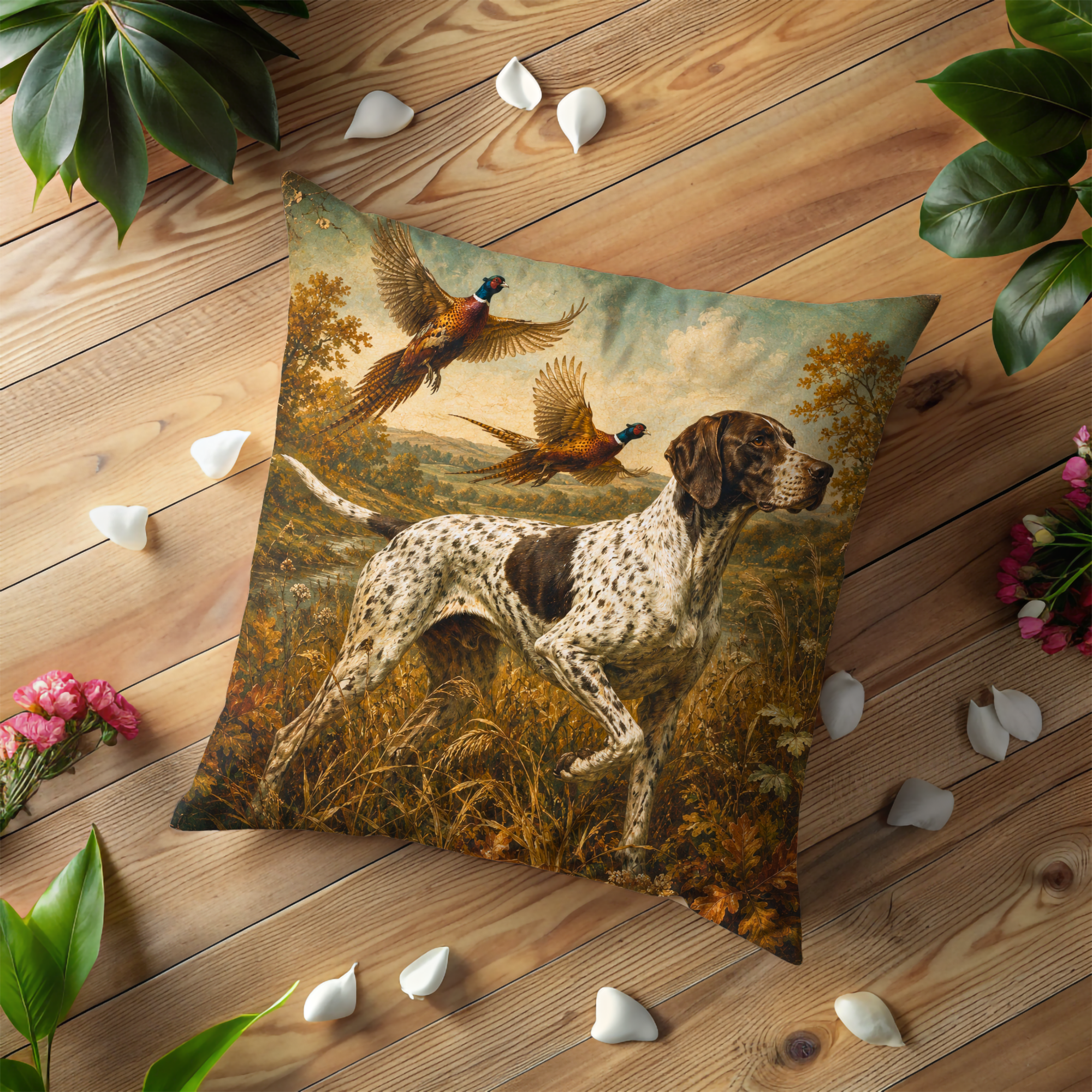 German Shorthaired Pointer Pillow Cover | Pheasant Hunting Art | Vintage Sporting Decor
