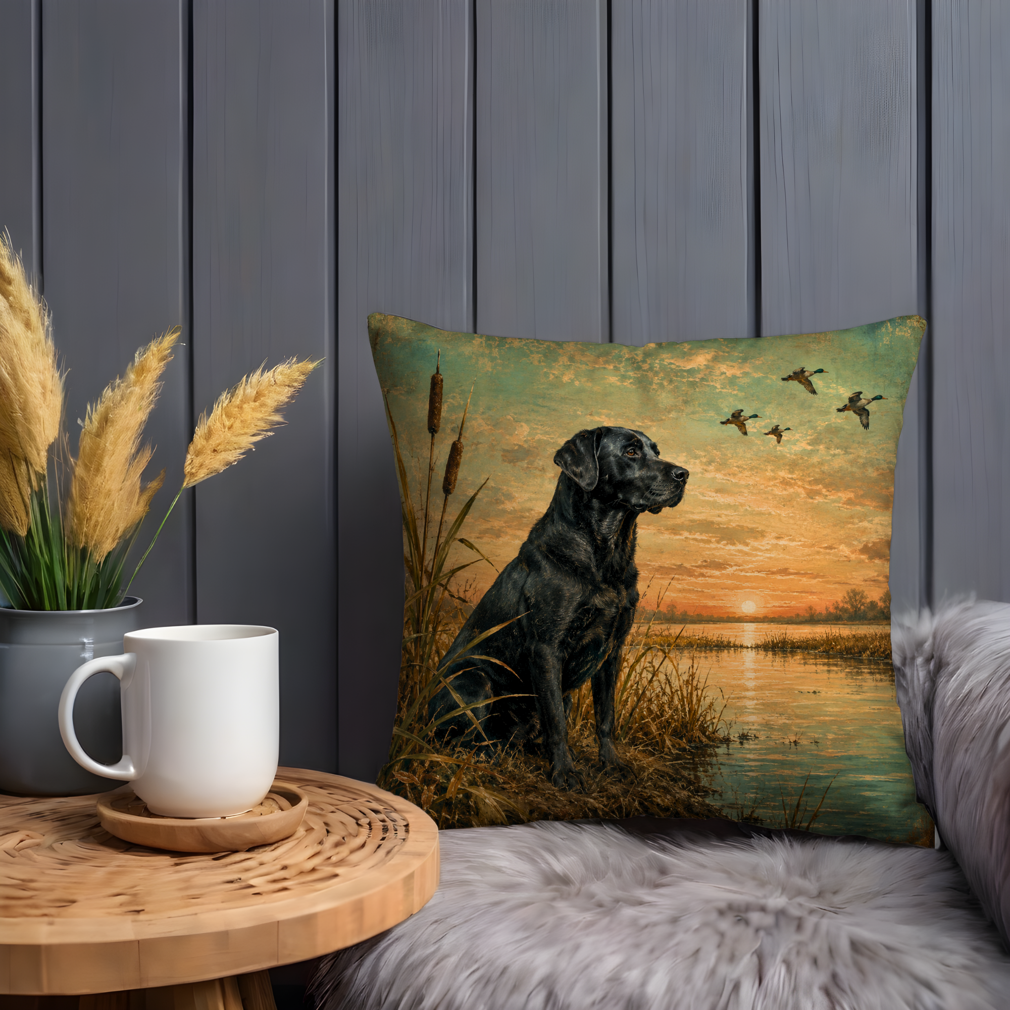 Black Lab Duck Hunting Pillow Cover – Vintage Sporting Art | Retriever Decor