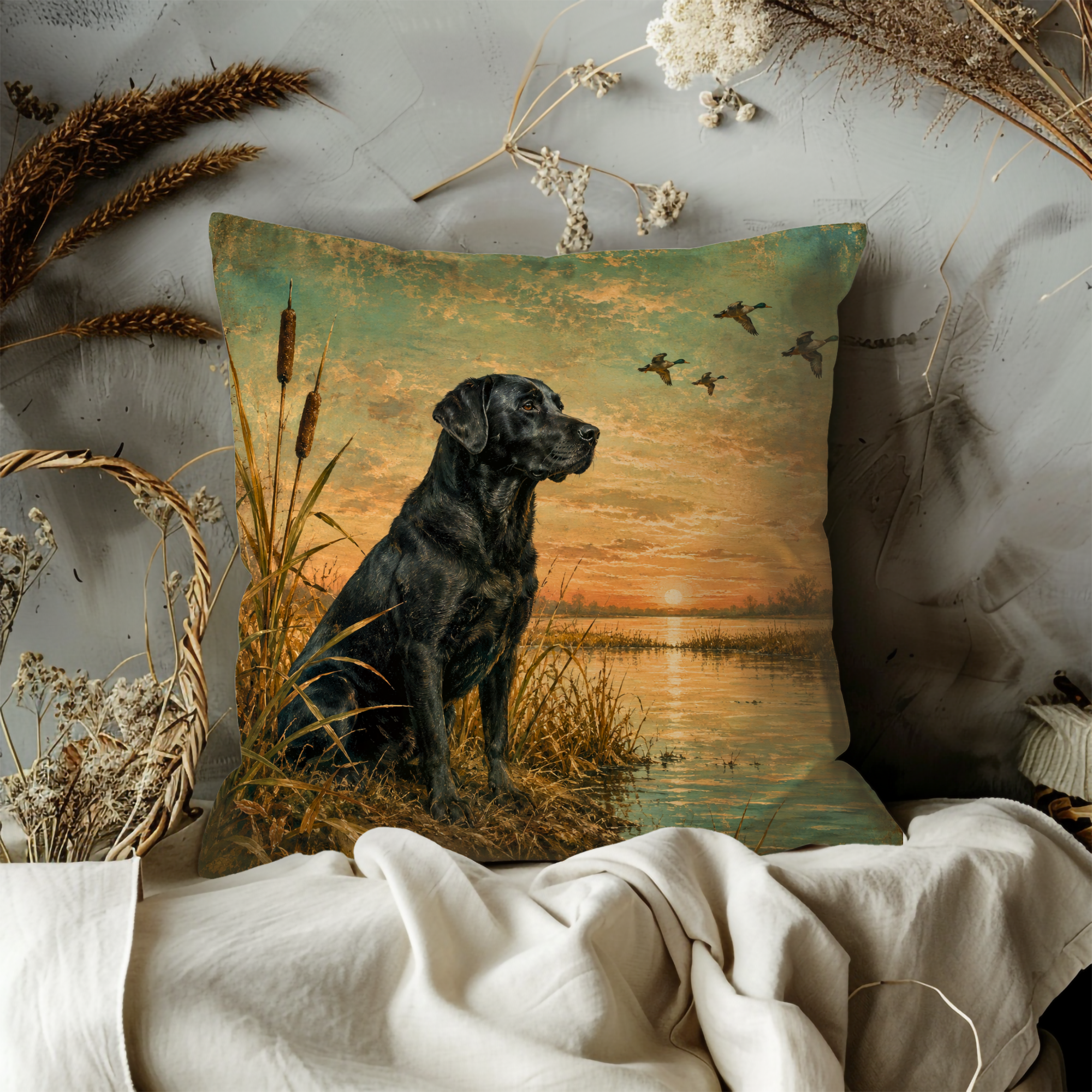 Black Lab Duck Hunting Pillow Cover – Vintage Sporting Art | Retriever Decor