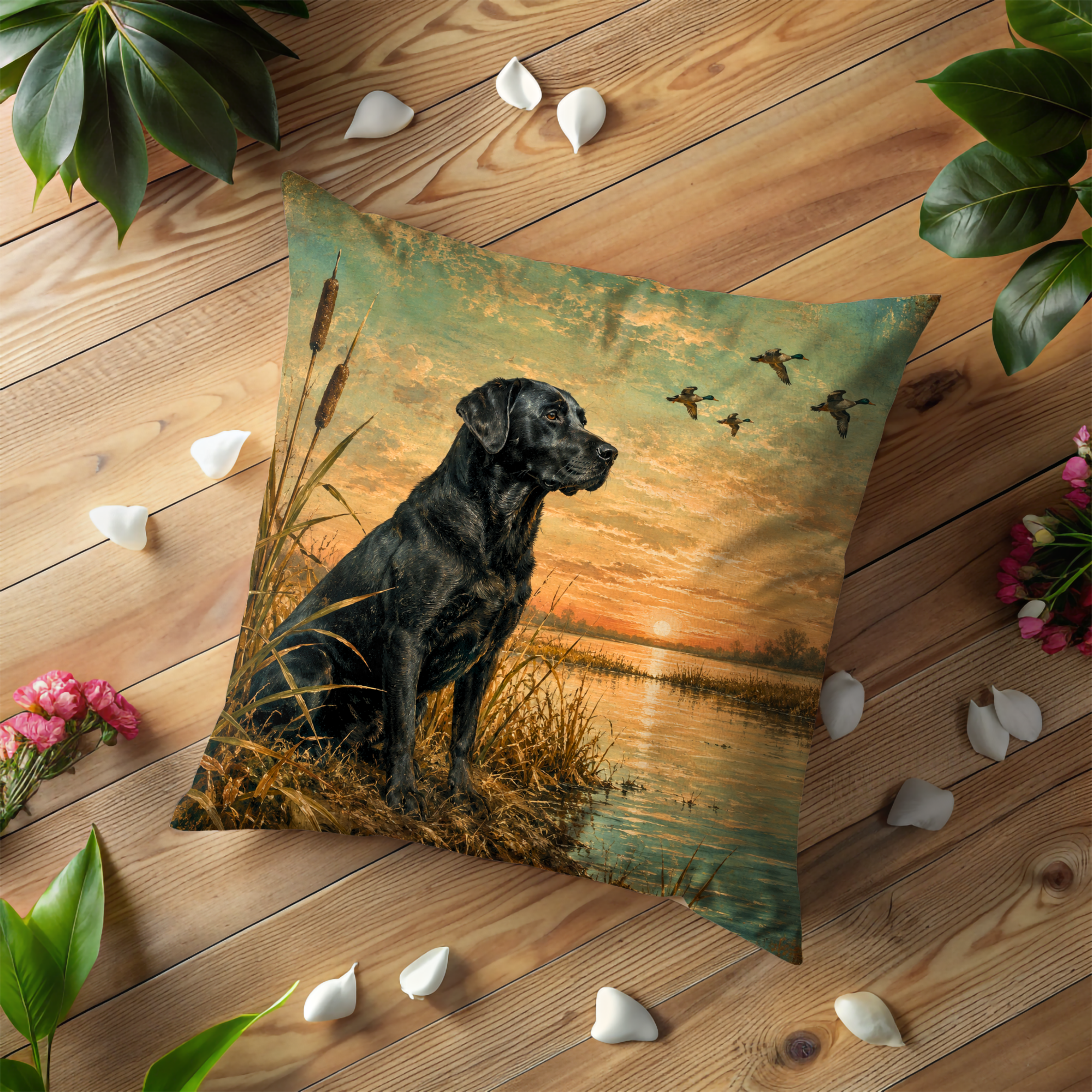 Black Lab Duck Hunting Pillow Cover – Vintage Sporting Art | Retriever Decor