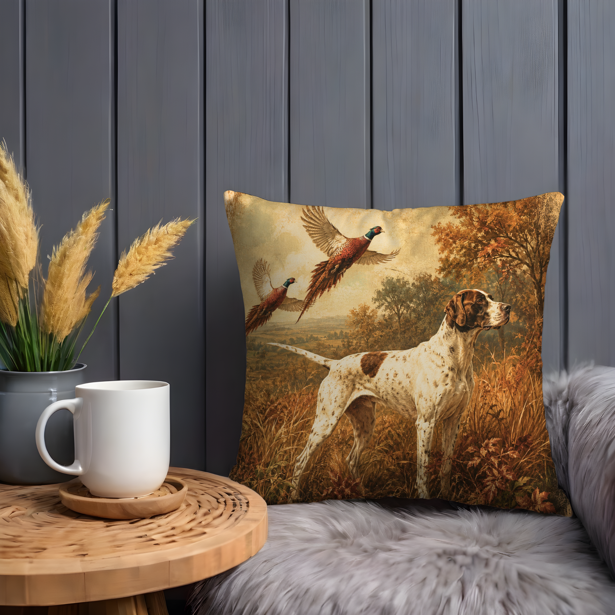 Vintage Pointer Dog Pillow Cover | Pheasant Hunting Art | Classic Sporting Decor