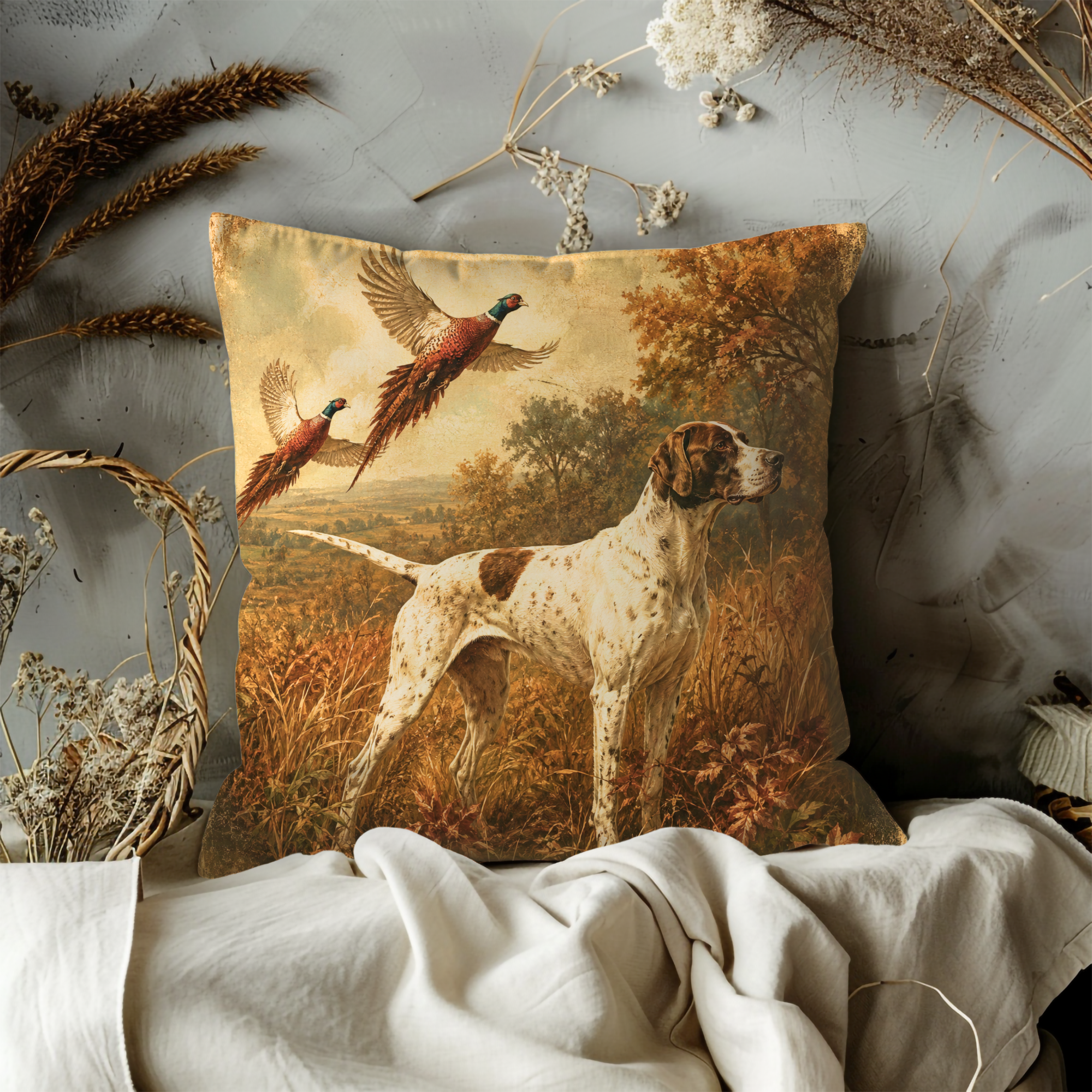 Vintage Pointer Dog Pillow Cover | Pheasant Hunting Art | Classic Sporting Decor