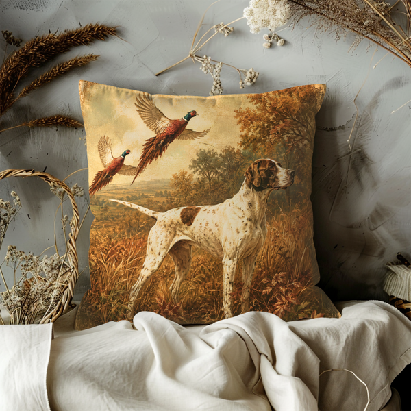 Vintage Pointer Dog Pillow Cover – Pheasant Hunting Art | Classic Sporting Decor