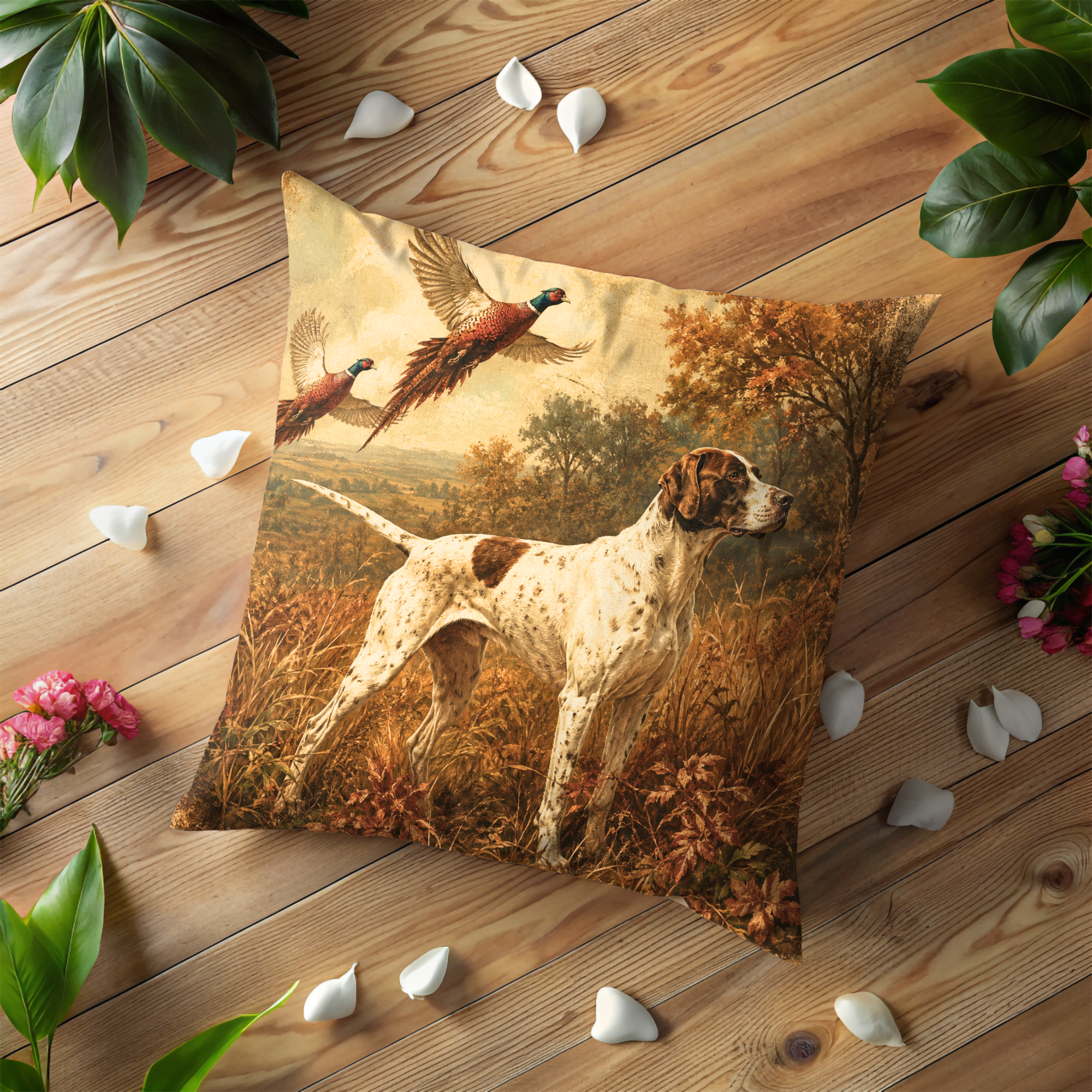 Vintage Pointer Dog Pillow Cover | Pheasant Hunting Art | Classic Sporting Decor