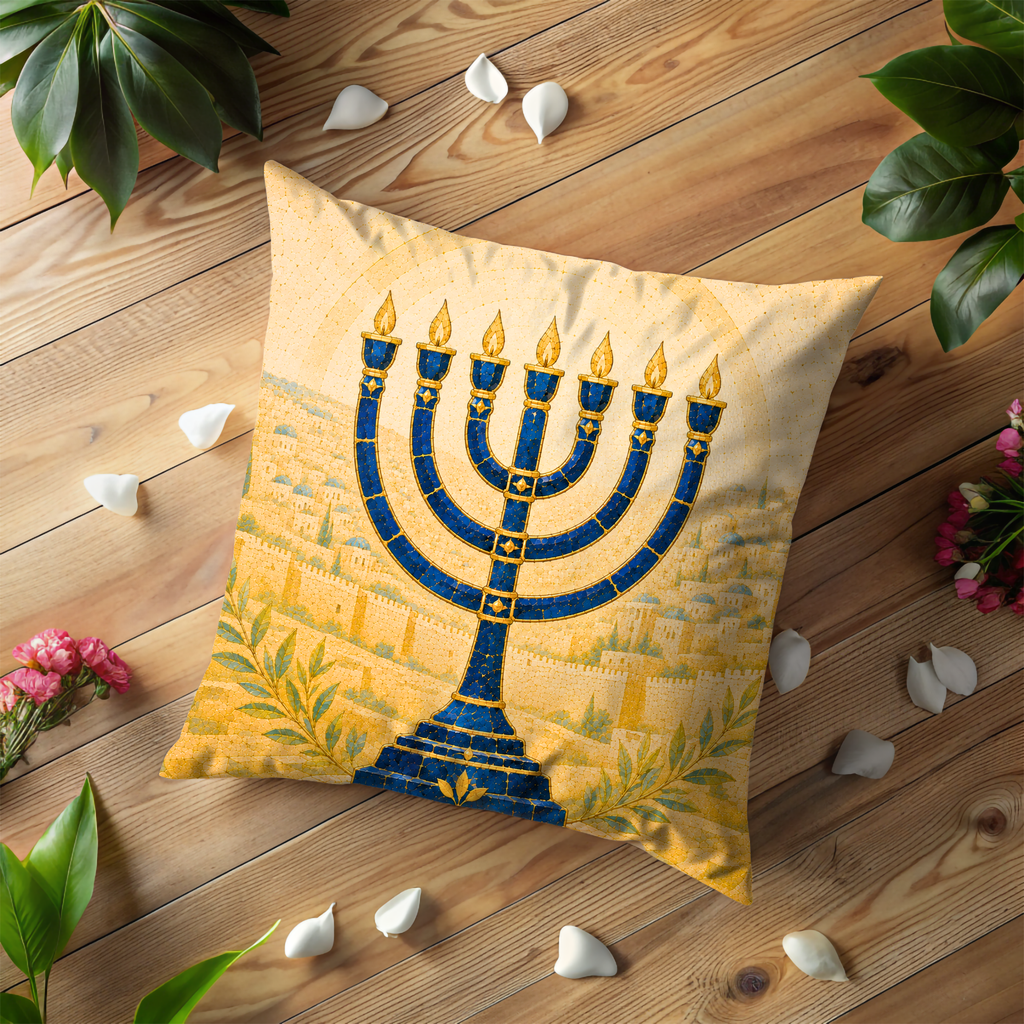Blue Menorah Jerusalem Pillow Cover | Jewish Biblical Art | Golden City Decor