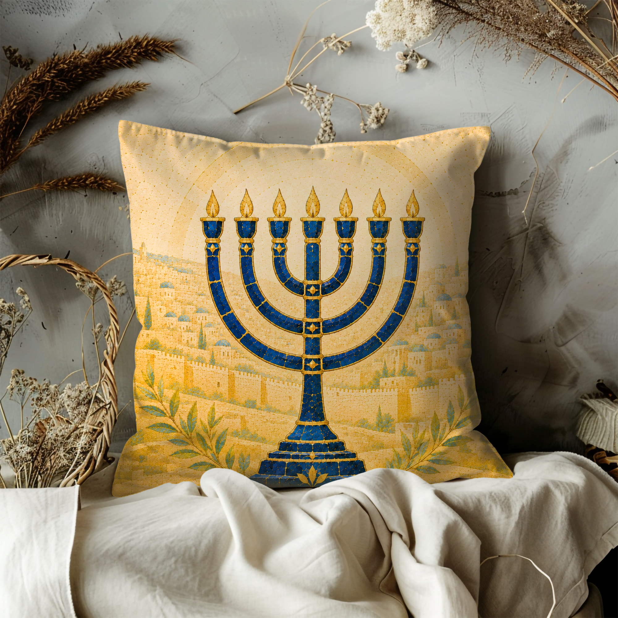 Blue Menorah Jerusalem Pillow Cover | Jewish Biblical Art | Golden City Decor