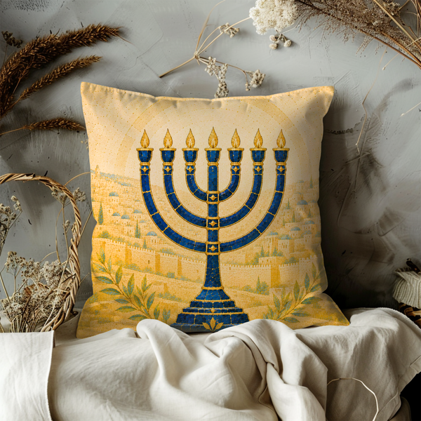 Blue Menorah Jerusalem Pillow Cover – Jewish Biblical Art | Golden City Decor