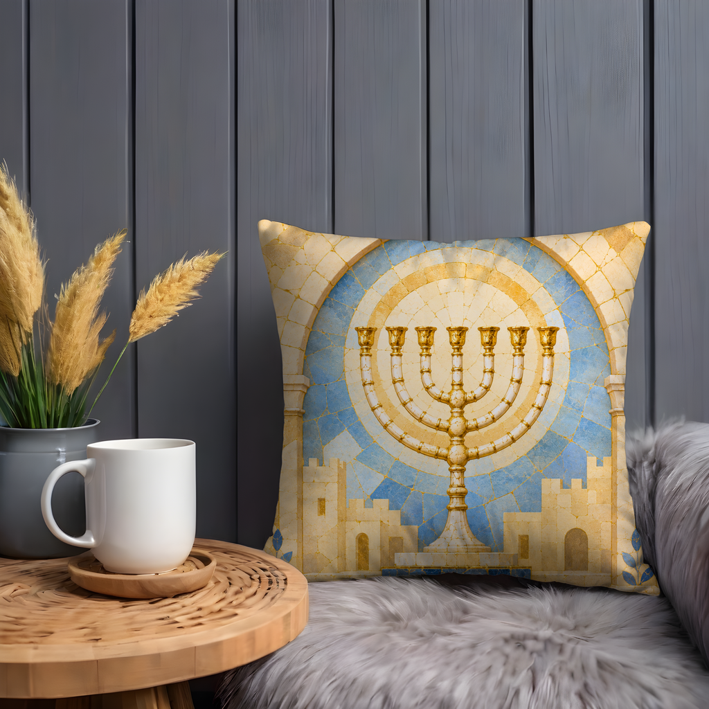 Menorah Jerusalem Pillow Cover | Hanukkah Jewish Art | Gold Crackle Decor