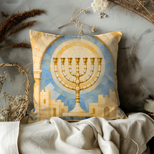 Menorah Jerusalem Pillow Cover – Hanukkah Jewish Art | Gold Crackle Decor