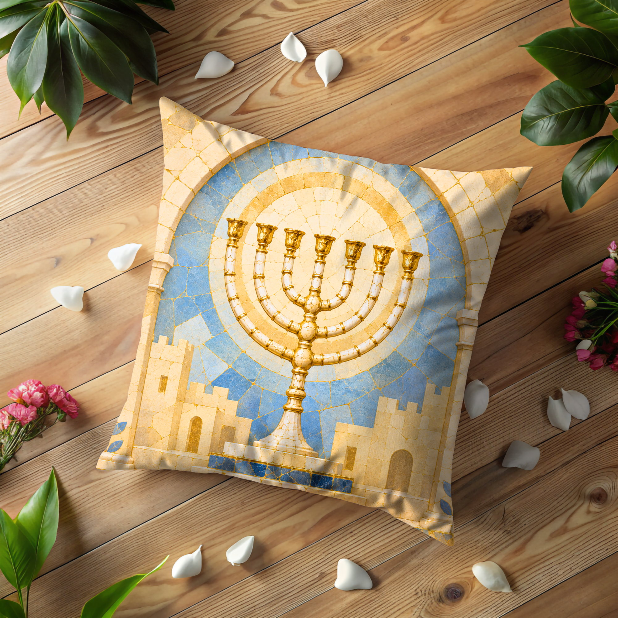 Menorah Jerusalem Pillow Cover | Hanukkah Jewish Art | Gold Crackle Decor