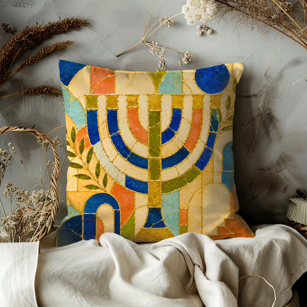 Mosaic Menorah Pillow Cover – Hanukkah Jewish Art | Gold Crackle Decor