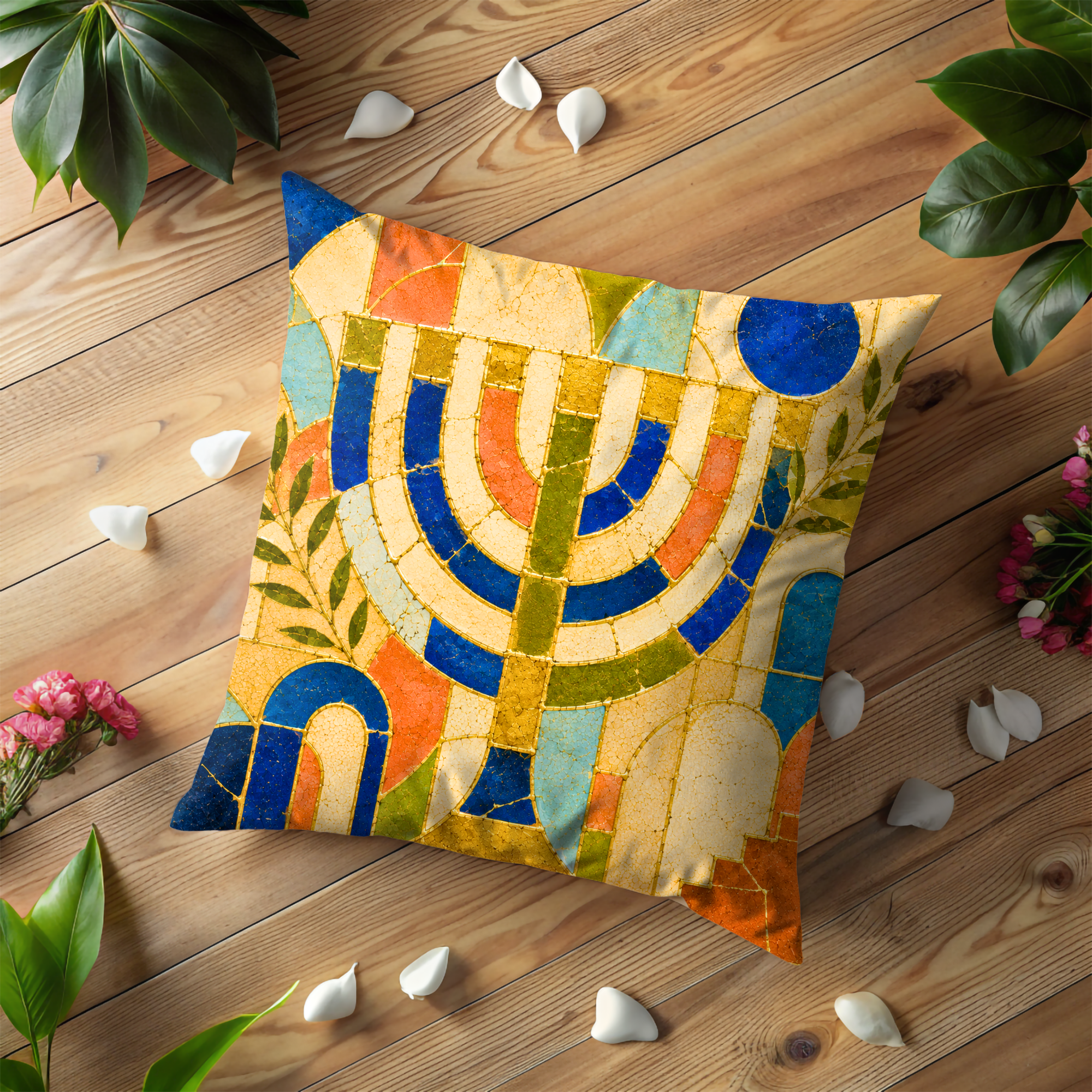 Mosaic Menorah Pillow Cover | Hanukkah Jewish Art | Gold Crackle Decor