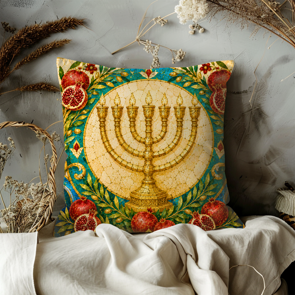 Menorah Pomegranate Pillow Cover – Jewish Symbol Art | Gold Crackle Decor