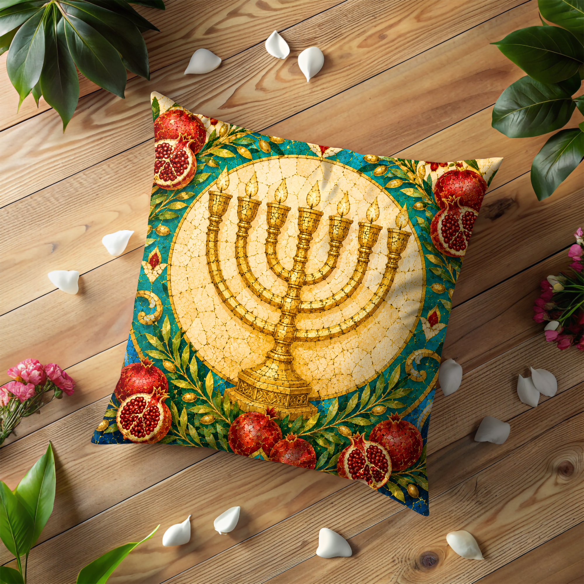 Menorah Pomegranate Pillow Cover | Jewish Symbol Art | Gold Crackle Decor