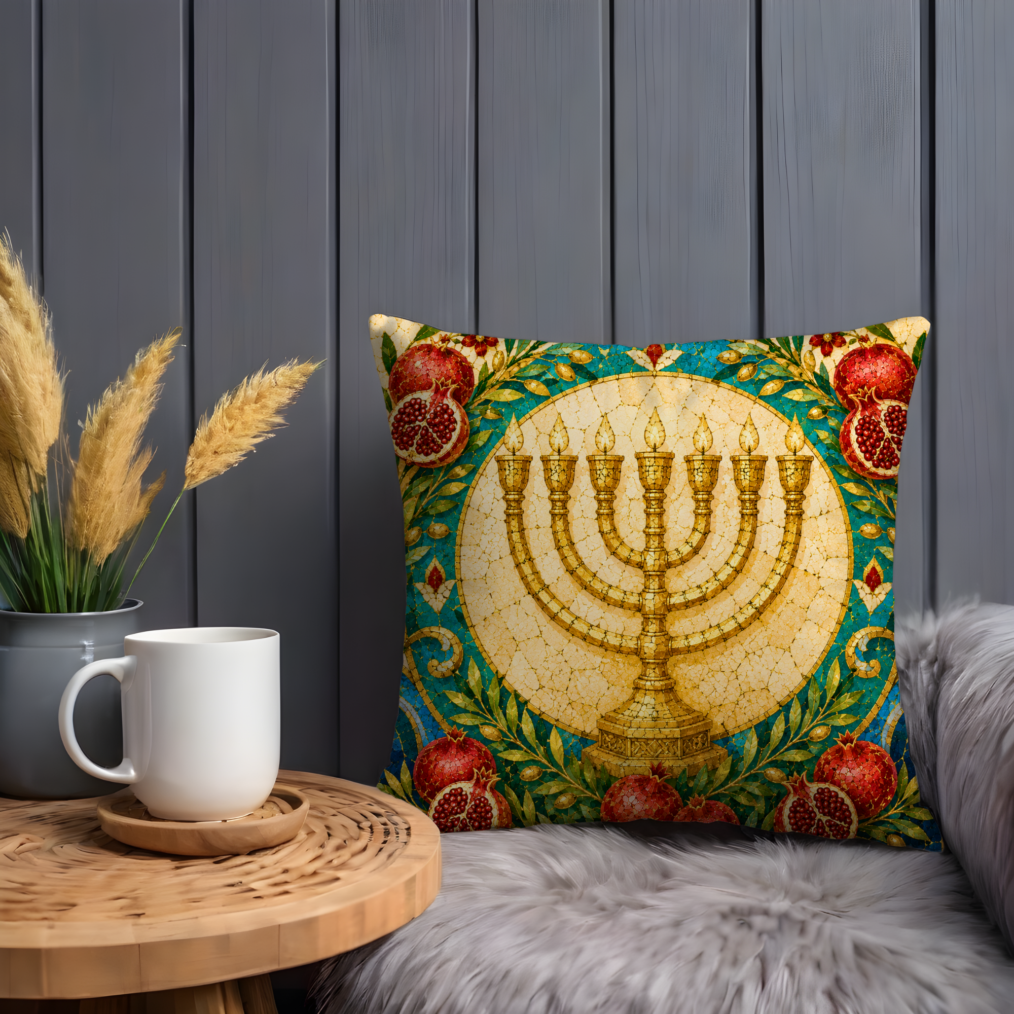 Menorah Pomegranate Pillow Cover | Jewish Symbol Art | Gold Crackle Decor