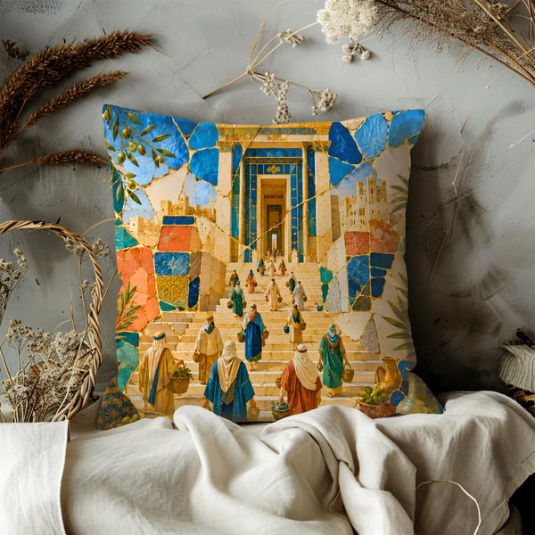 Jerusalem Temple Steps Pillow Cover – Mosaic Biblical Art | Gold Crackle Decor