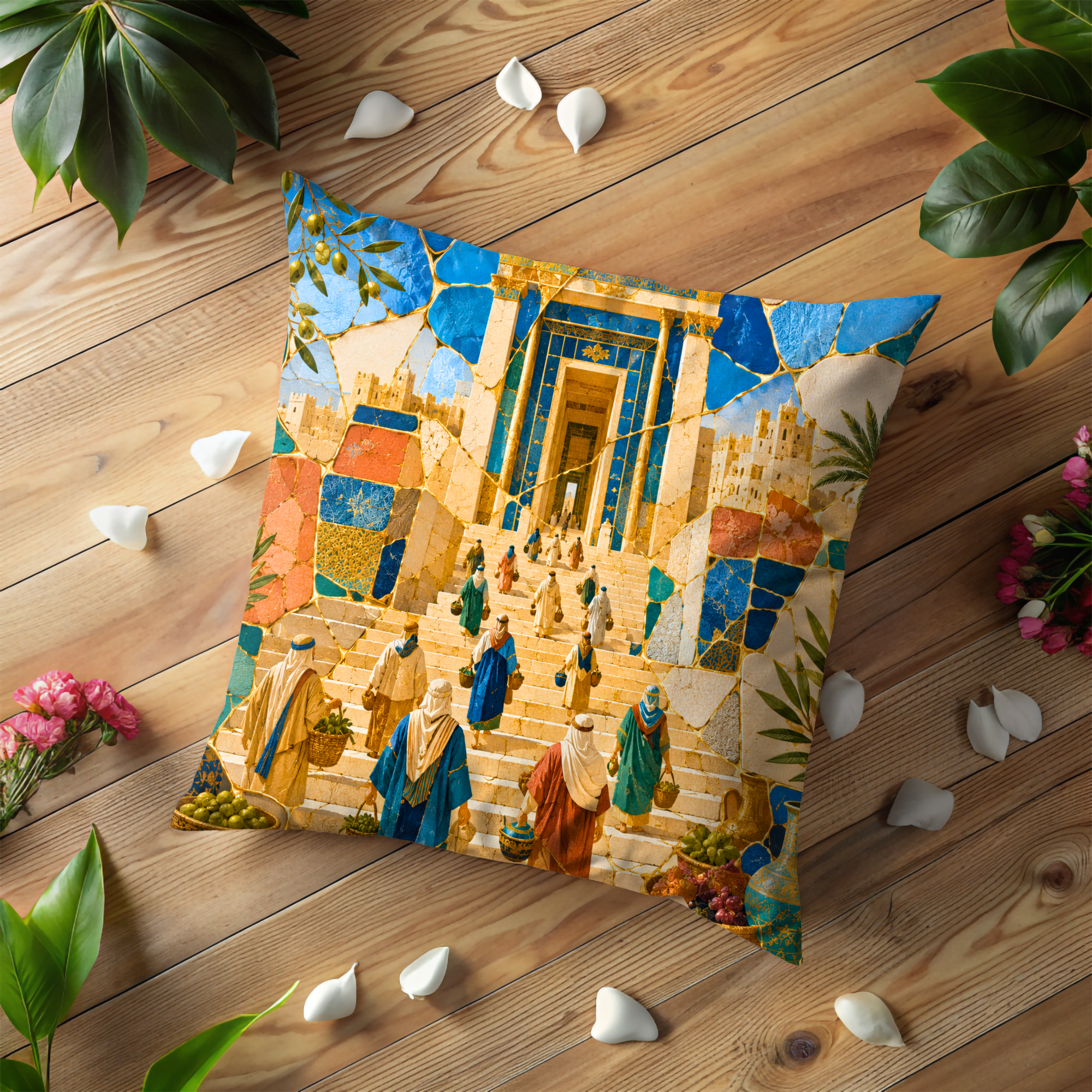Jerusalem Temple Steps Pillow Cover | Mosaic Biblical Art | Gold Crackle Decor