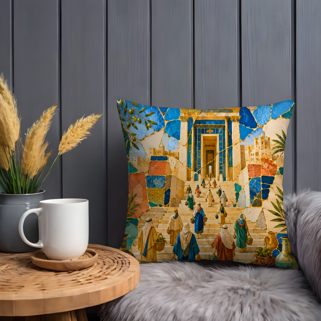 Jerusalem Temple Steps Pillow Cover | Mosaic Biblical Art | Gold Crackle Decor