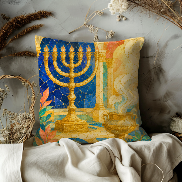 Golden Menorah Altar Pillow Cover – Jewish Temple Art | Gold Crackle Decor
